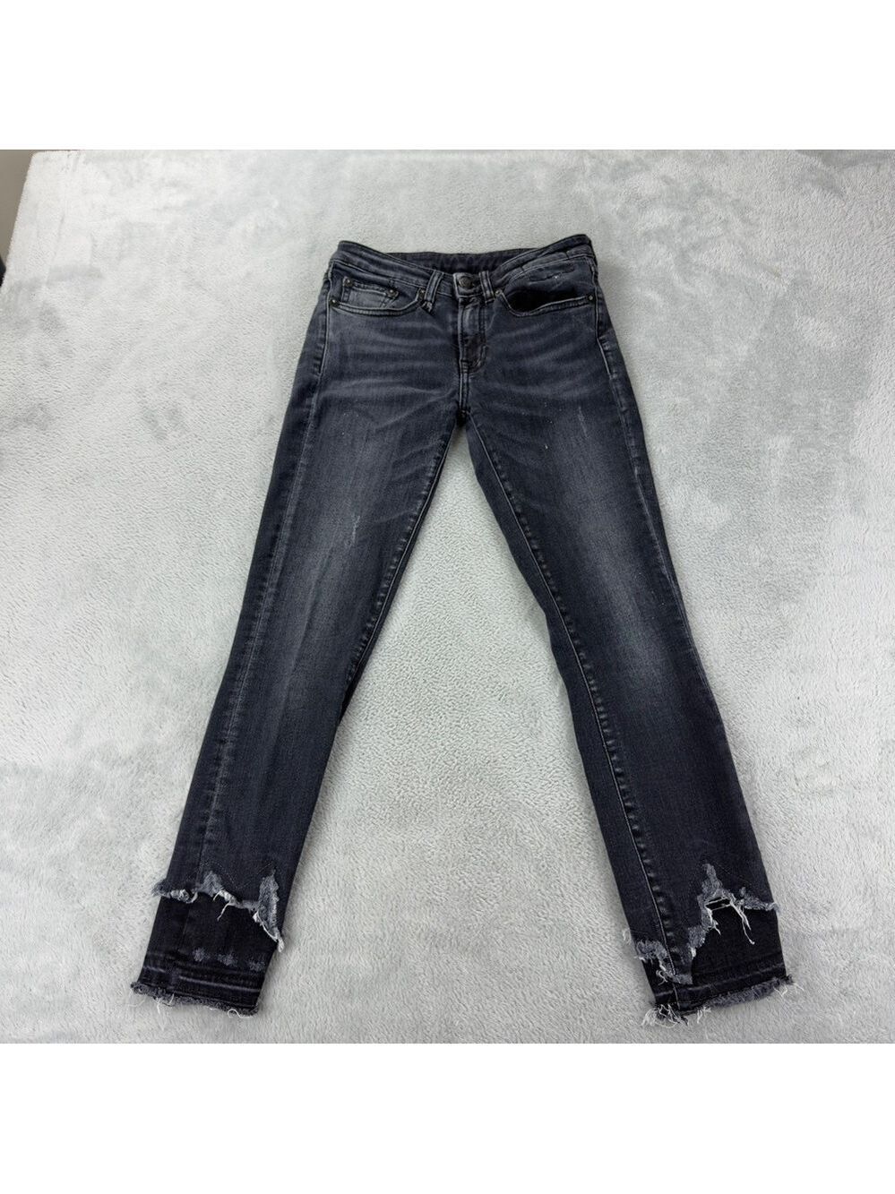 R13 Women's Black Denim Jeans Jenny Mid Rise Double Shred Hems Size 24x25